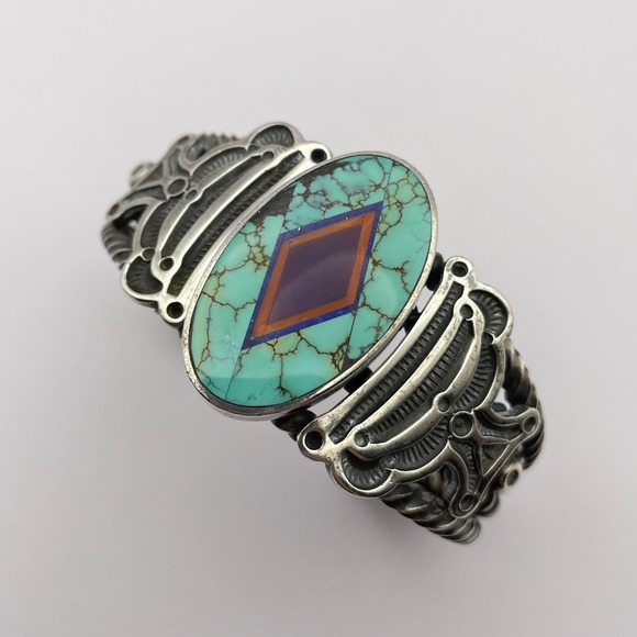 Vintage Navajo Ray Tracey & Knifewing Segura Sterling Silver Inlay Cuff Bracelet - Picture 11 of 16